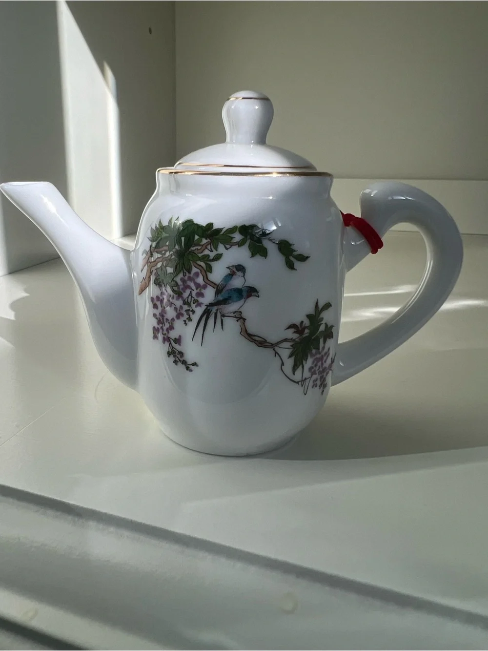 White Porcelain Teapot with Bird & Floral Motif